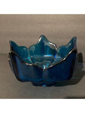 Vintage Viking Glass Blue Lotus Petal Bowl Candle Holder